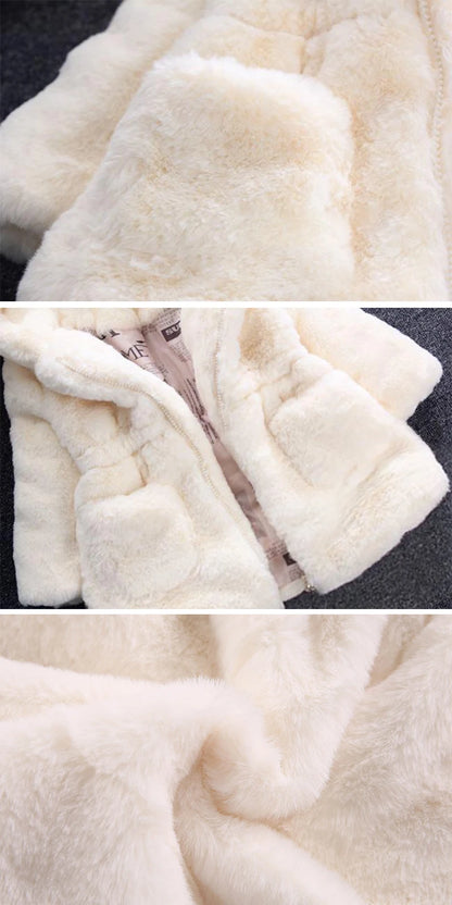 Girls Faux Fur Winter Coat with Bear Ear Hood and Zip Front, Plush-Look Toddler Jacket in Red, Beige, Black or Pink, Sizes 2T–7T
