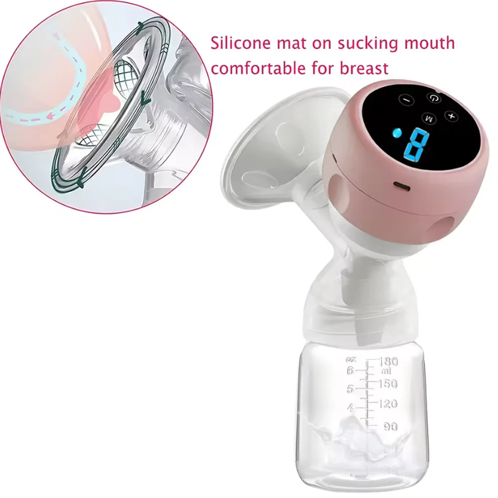 Single Electric Breast Pump in Pink with Integrated Bottle Design, Digital Control Panel, Charging Cable and Accessories for Nursing Moms