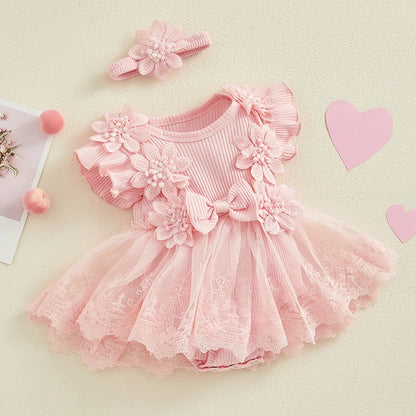 Flower Applique Baby Girl Romper Dress with Headband, Lace Mesh Skirt and Waist Bow, Cotton Blend Summer Occasion Outfit for 0-18 Months