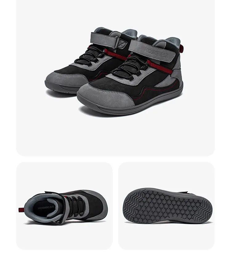 Kids Barefoot Boots with Wide Toe Box, Zero-Drop Sole and Adjustable Hook-and-Loop Strap, HOBIBEAR Artificial Leather Mid-Top Outdoor Shoes