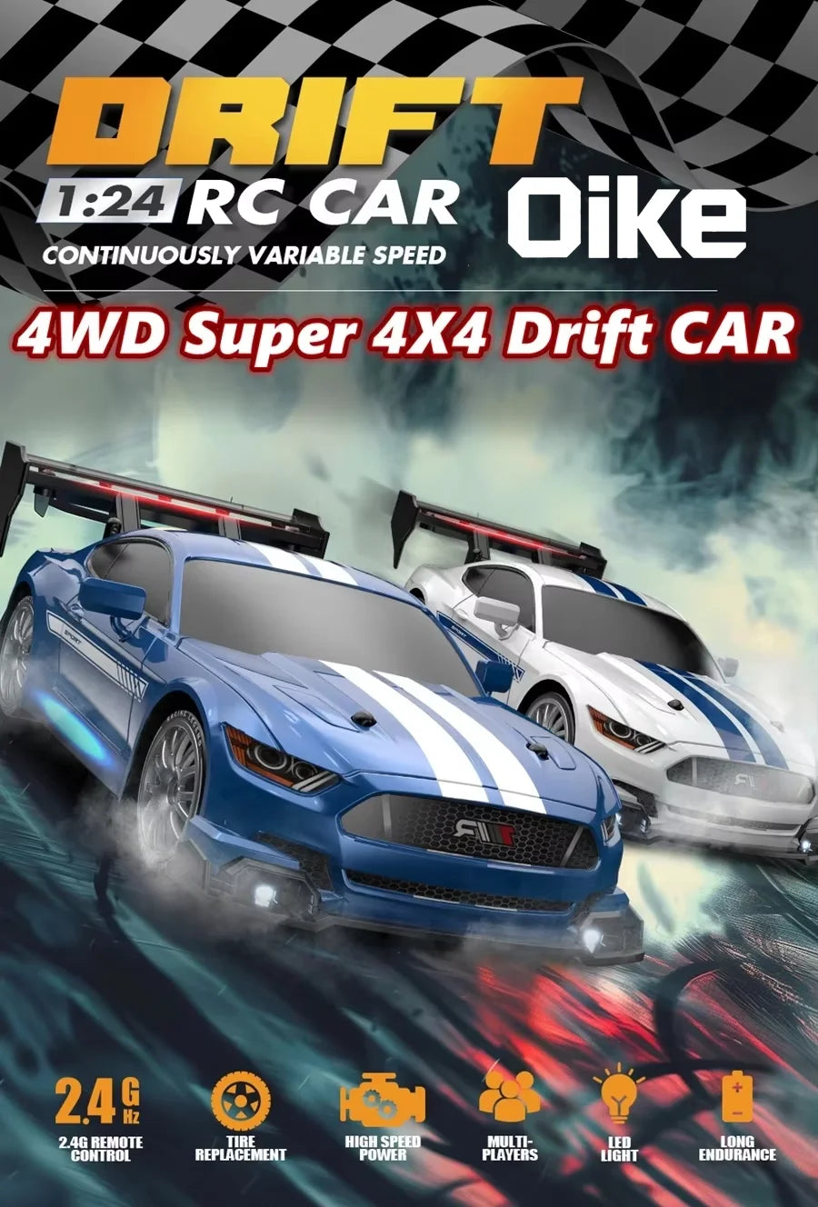 RC Drift Racing Car with 4WD, 2.4GHz Proportional Remote Control, LED Lights and Replaceable Racing and Drift Tires for Kids and Adults