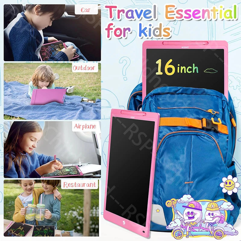 LCD Writing Tablet for Kids, 16-Inch Multicolor Erasable Drawing Board with Lock Switch, Stylus and Lanyard for Learning and Gifts