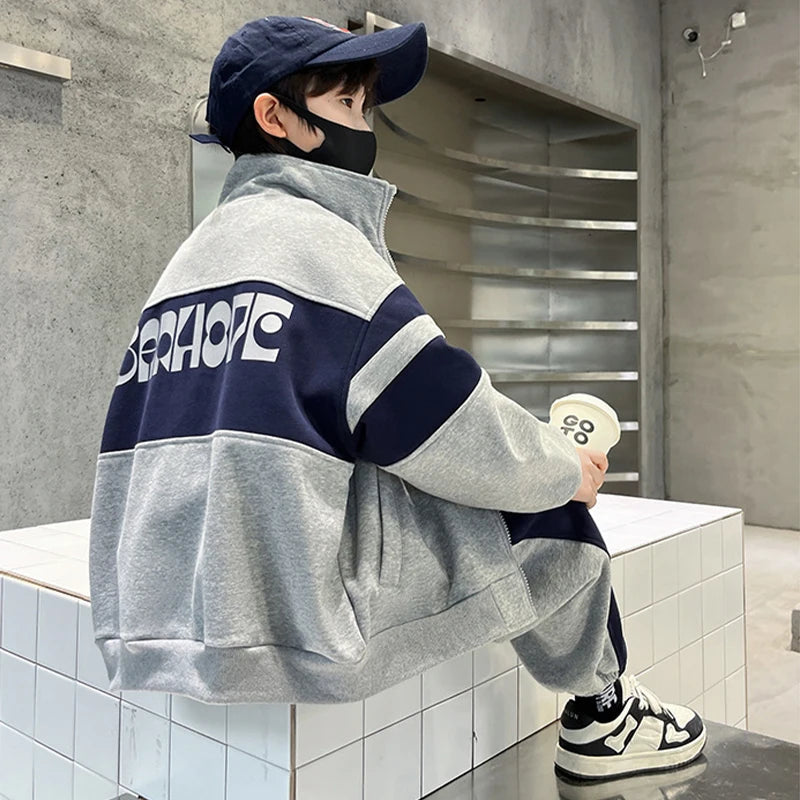 Colorblock Boys Tracksuit with Stand-Collar Zip-Up Jacket and Matching Jogger Pants, Gray or Navy Two-Piece Casual Outfit for Ages 4-12