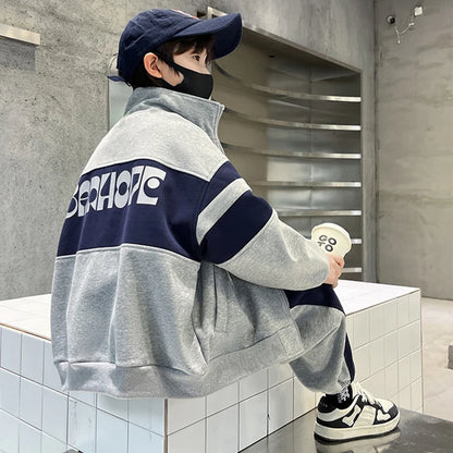 Colorblock Boys Tracksuit with Stand-Collar Zip-Up Jacket and Matching Jogger Pants, Gray or Navy Two-Piece Casual Outfit for Ages 4-12