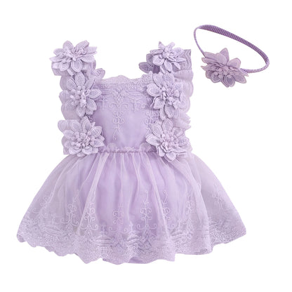 Floral Lace Baby Romper Dress with Matching Headband, Raised Flower Bodice and Sleeveless Square Neck for Parties and Milestone Photos, 0-18 Months