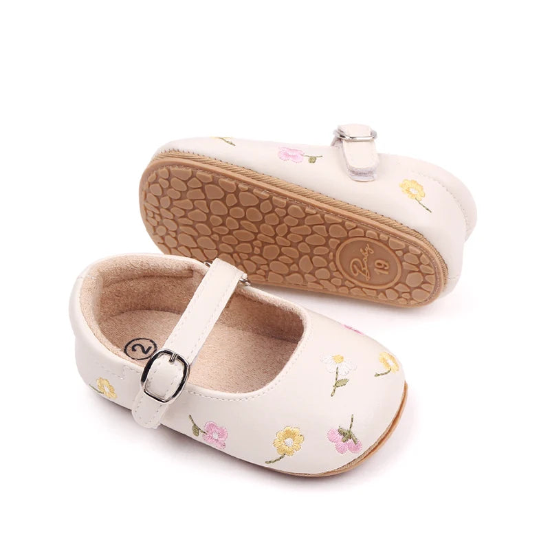 Baby Floral Mary Jane Shoes with Embroidered Flowers, Soft TPR Soles and PU Uppers in Beige Brown or Lavender for Dressy Outfits, Sizes 0-18 Months