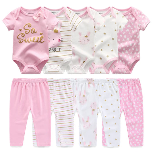 Baby Bodysuit and Pants Set, 10-Piece Kiddiezoom Infant Clothing Bundle with Short-Sleeve Tops for Boys and Girls, Sizes 3M-12M