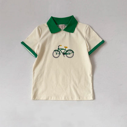 Bicycle Print Sibling Matching Outfits, Cream Girls Dresses and Tops with Red Skirts, Boys Green Shorts and Baby Rompers for Family Photos