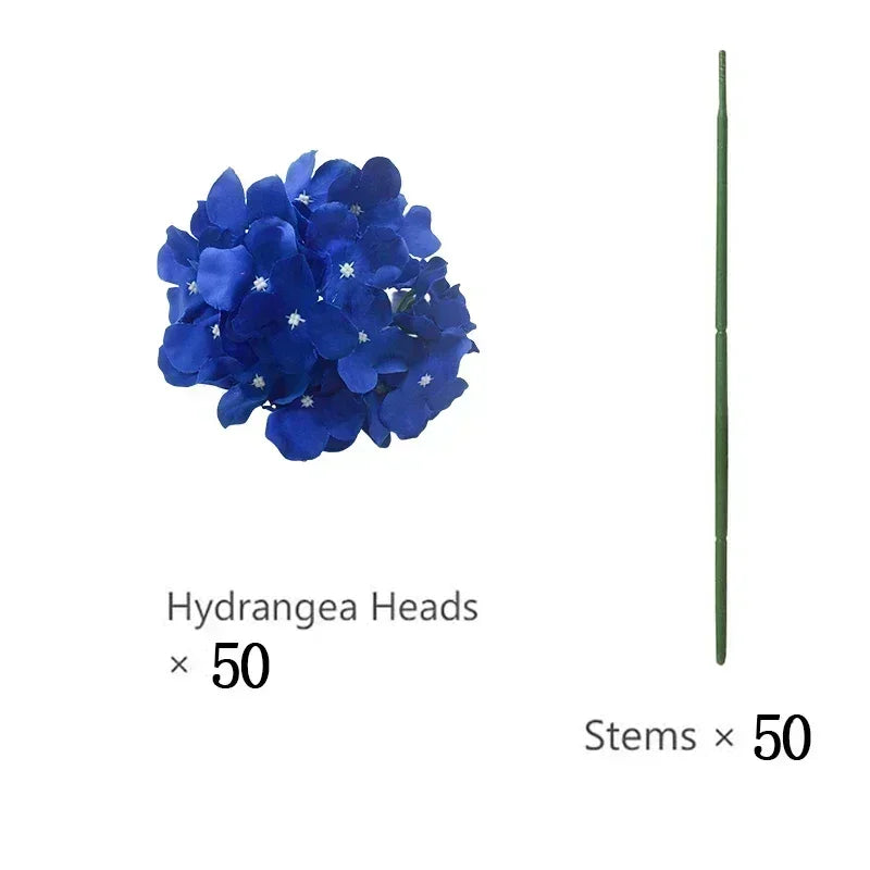 Artificial Hydrangea Flower Heads, 50-Piece Silk-Fabric Floral Set with Stem or Leaf Options for DIY Wedding Centerpieces, Baby Showers and Home Decor