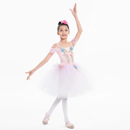 Floral Girls Ballet Tutu Dress with Ruffled Shoulders and Layered Skirt for Dance Recitals, Stage Performances and Group Costumes, Sizes 110-160
