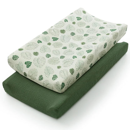 Muslin Cotton Changing Pad Covers 2-Pack with Elastic Edges, Double-Layer Baby Diaper Mat Covers for Newborn Nursery Care and Baby Shower Gifts