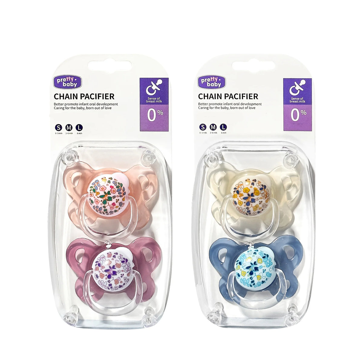 Floral Baby Pacifier Set with Covers and Thumb-Shaped Nipples, Pink and Blue Printed Soothers for Infants 0-6 Months and Baby Shower Gifts