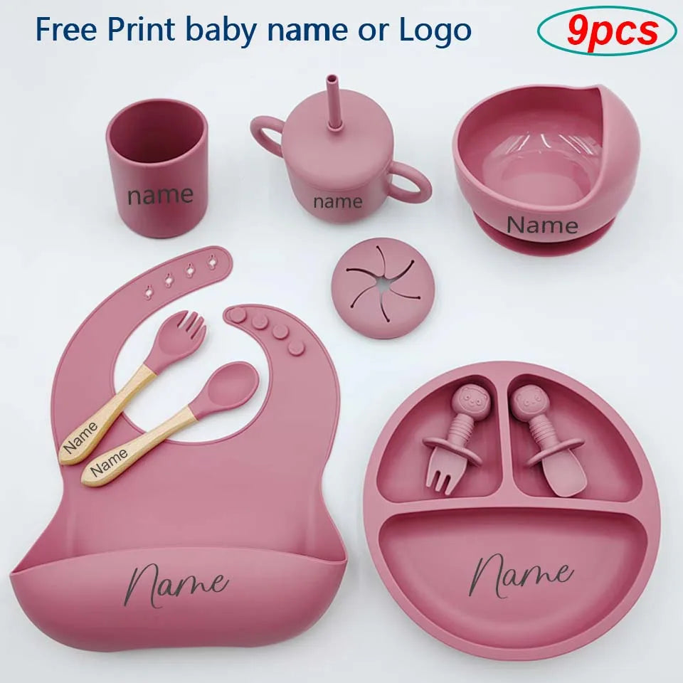 Nine-Piece Personalized Silicone Feeding Set with Suction Bowl, Divided Plate, Pocket Bib, Cups and Utensils for Supervised Baby Mealtimes