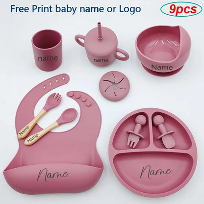 Nine-Piece Personalized Silicone Feeding Set with Suction Bowl, Divided Plate, Pocket Bib, Cups and Utensils for Supervised Baby Mealtimes