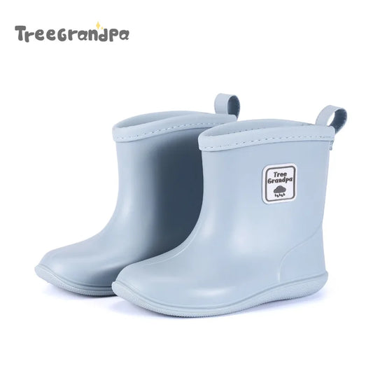 Solid Color Kids Rain Boots in PVC with Rear Pull Tabs, Mid-Calf Pull-On Rainy-Day Shoes for Boys and Girls, Eight Colors and Listed Sizes 5-12