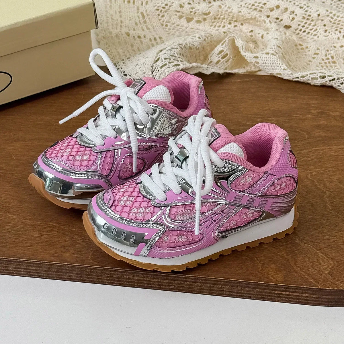 Kids Mesh Sneakers with Metallic Orbit Styling, Lace-Up Casual Walking Shoes in Pink or Silver with Rubber Soles for Everyday Outfits