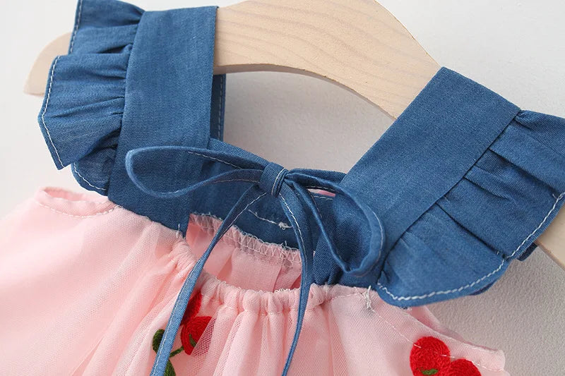 Baby Girl Cherry Dress, Pink or White Layered Skirt with Blue Ruffle Shoulder Straps and Front Bow for Summer Parties and Birthday Photos