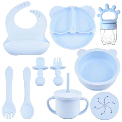 Silicone Suction Feeding Set, 10-Piece Panda Baby Tableware with Divided Plate, Bowl, Pocket Bib, Straw Cup and Two Utensil Pairs in Nine Colors