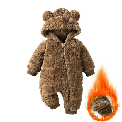 Baby Hooded Winter Romper with Long Sleeves and Cartoon Design, Cozy One-Piece Outfit for Infant Boys and Girls in Sizes 0 to 18 Months