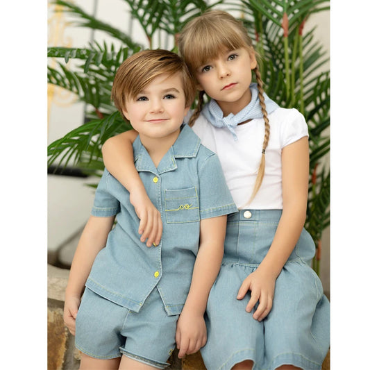 Light Blue Denim Sibling Outfits, Cotton Boys Shirts and Shorts, Girls Dresses and Skirts, Baby Rompers and Overalls for Matching Family Looks