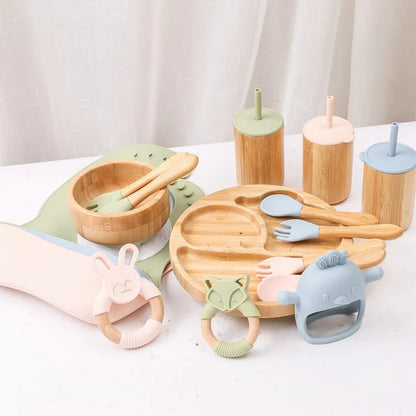 Bamboo Baby Tableware Set with Animal Plate Designs, Bowl, Cup and Wooden-Handle Utensil Options for Supervised Infant and Toddler Mealtimes