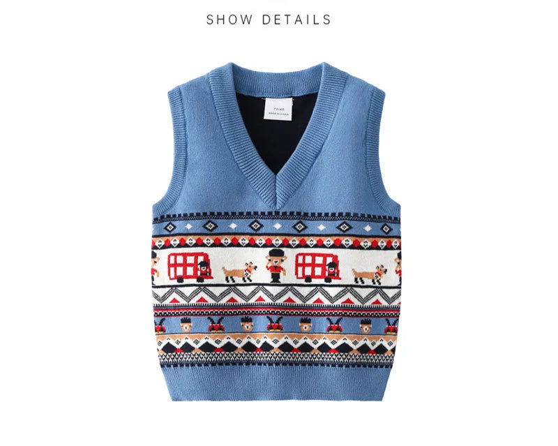 Blue V-Neck Baby Sweater Vest with Bus and Character Knit Pattern, Sleeveless Pullover with Ribbed Trim for Infant and Toddler Layering, 6M–3T