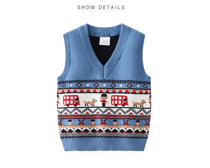 Blue V-Neck Baby Sweater Vest with Bus and Character Knit Pattern, Sleeveless Pullover with Ribbed Trim for Infant and Toddler Layering, 6M–3T
