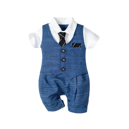 Baby Boy Formal Romper with Blue Vest Look, White Collar and Striped Tie Detail, Short Sleeve Wedding and Birthday Outfit, 3-24 Months