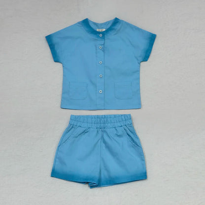 Peach and Blue Sibling Matching Outfits, Cotton Girls Collared Dresses, Boys Shirts and Shorts, Baby Rompers and Toddler Two-Piece Clothing