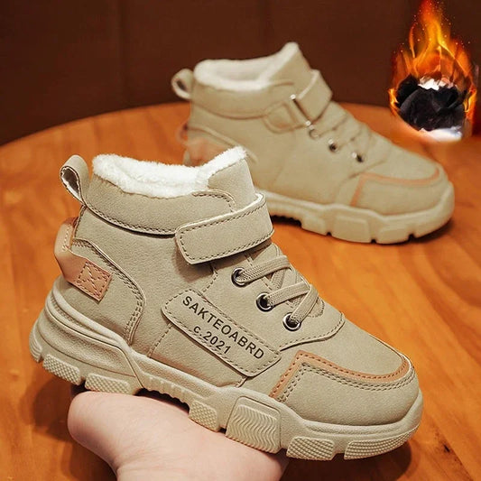 Kids Plush-Lined Winter Boots with Hook-and-Loop Ankle Strap and Lace-Up Front, Gray or Khaki High-Top Casual Shoes with Chunky Sole in Sizes 26–37