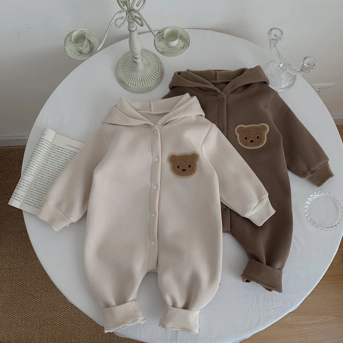 Baby Hooded Snap Front Jumpsuit with Bear Patch, Long Sleeve One-Piece Outfit in Coffee or Beige for Boys and Girls, Sizes 3M-18M