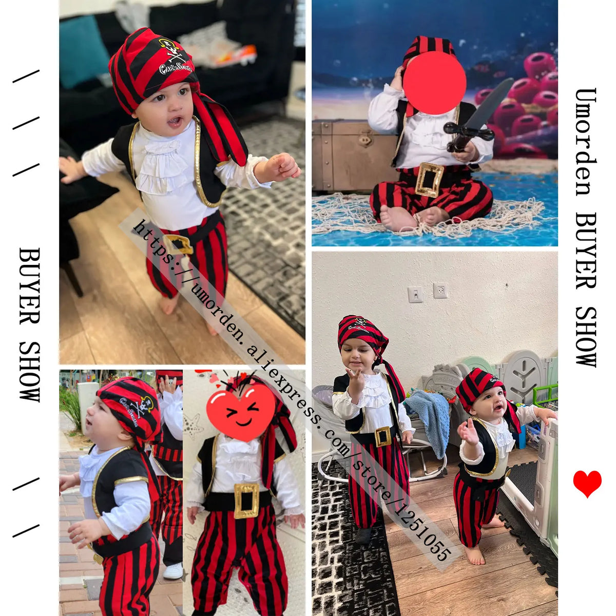 Infant Pirate Romper Costume Set with Vest, Head Scarf and Belt, Cotton Blend Red Stripe Outfit for Baby and Toddler Halloween Parties