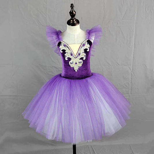 Girls Ballet Tutu Costume with Ruffled Shoulders, Ornate White Bodice Decoration and Layered Mesh Skirt for Dance Recitals and Stage Performances