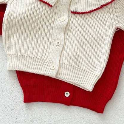Contrast-Trim Ruffle Collar Baby Girl Cardigan Styles with Button Front and Long Sleeves, Infant and Toddler Knit Sweater Options in Sizes 3M-3T