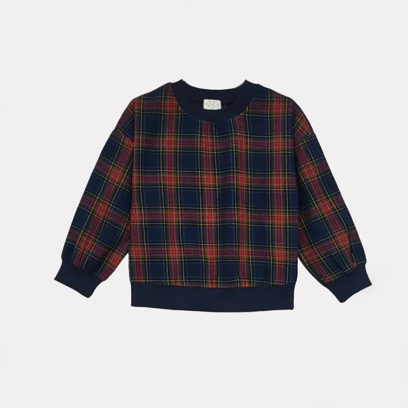 Navy Tartan Sibling Matching Outfits, 100% Cotton Plaid Jumper Dresses, Teen Skirts, Baby Rompers and Coordinating Boys and Girls Tops
