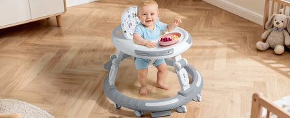 Baby Walker Activity Center in White, 4-in-1 Play Design with 3 Frame Height Settings, 5 Seat Adjustments and Wheeled Base for Indoor Use