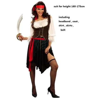 Pirate Captain Cosplay Outfit for Adults, Men’s Pants or Women’s Skirt Costume with Head Scarf and Vest for Halloween and Carnival