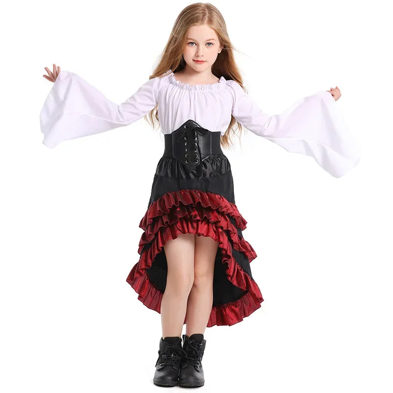 Girls Pirate Costume Set with Bell Sleeve Blouse, High-Low Skirt, Head Scarf and Lace-Up Waistband for Halloween and Dress-Up Parties