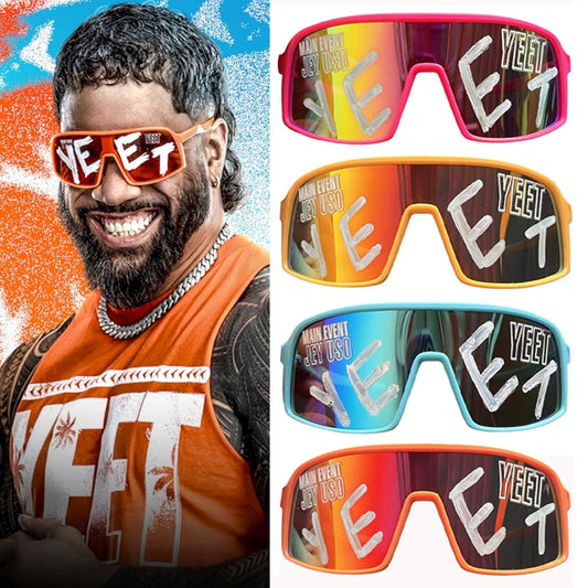 YEET Graphic Sunglasses with Jey Uso Main Event Lettering, Colorful Shield-Style Fan Shades in Children's and Adult Options for Party Outfits