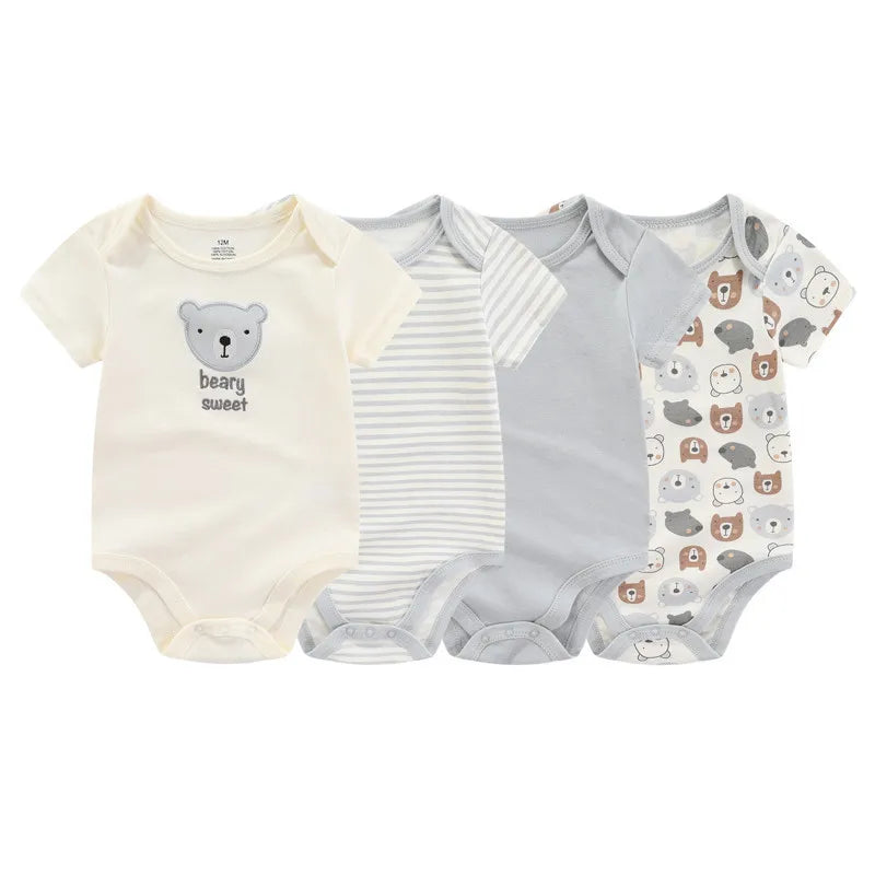 Cotton Baby Bodysuit 4-Piece Set by Kiddiezoom, Short Sleeve Infant Outfits with Envelope Shoulders, Snap Bottoms and Mixed Designs, 3M-12M