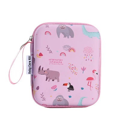 Baby Care Travel Organizer Kit, 20-Piece Grooming Set with Electric Nail Trimmer, Hair Brush, Comb and Animal-Print EVA Case in Blue or Pink