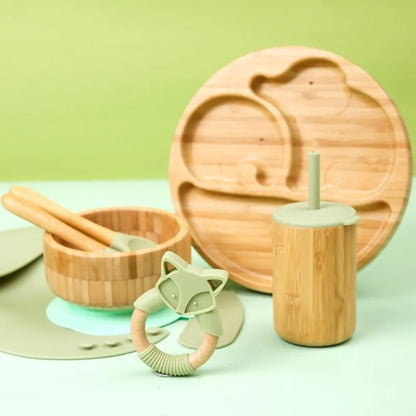 Bamboo Baby Tableware Set with Animal Plate Designs, Bowl, Cup and Wooden-Handle Utensil Options for Supervised Infant and Toddler Mealtimes