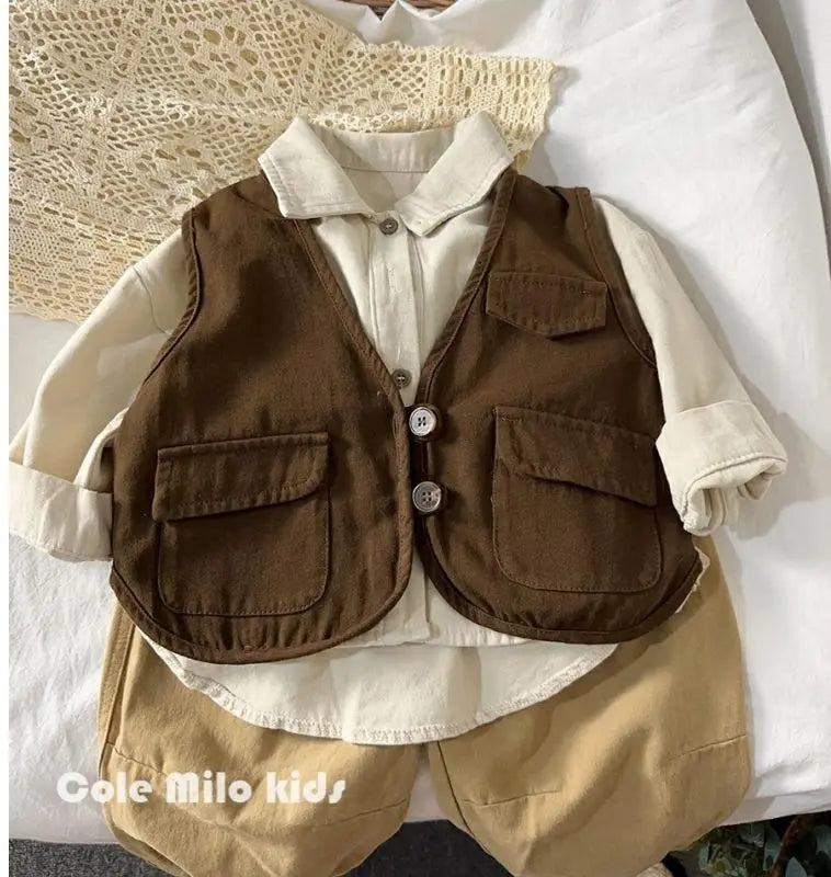 Baby and Toddler Collared Button-Up Shirt with Long Sleeves and Chest Pocket, Beige or Brown Unisex Casual Top for Spring and Fall Family Outfits