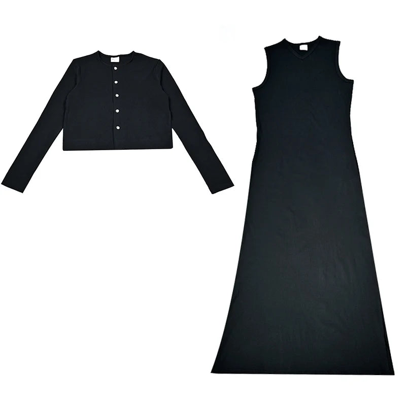 Women's Sleeveless Maxi Dress and Button-Front Cardigan Options, Black and Cream Layering Outfit for Everyday Wear, Ladies XS-3XL