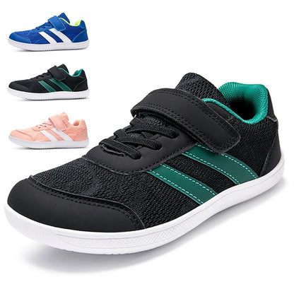 Kids Wide-Toe Mesh Sneakers with Adjustable Hook-and-Loop Strap, Contrast Side Stripes and Low-Top Casual Style in Pink, Black or Blue