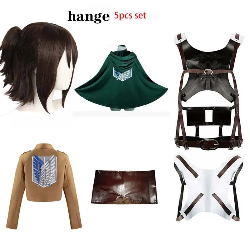 Attack on Titan Cosplay Costume Set with Jacket, Green Cloak, Skirt and Straps, Levi, Mikasa, Eren and Hange Options for Halloween