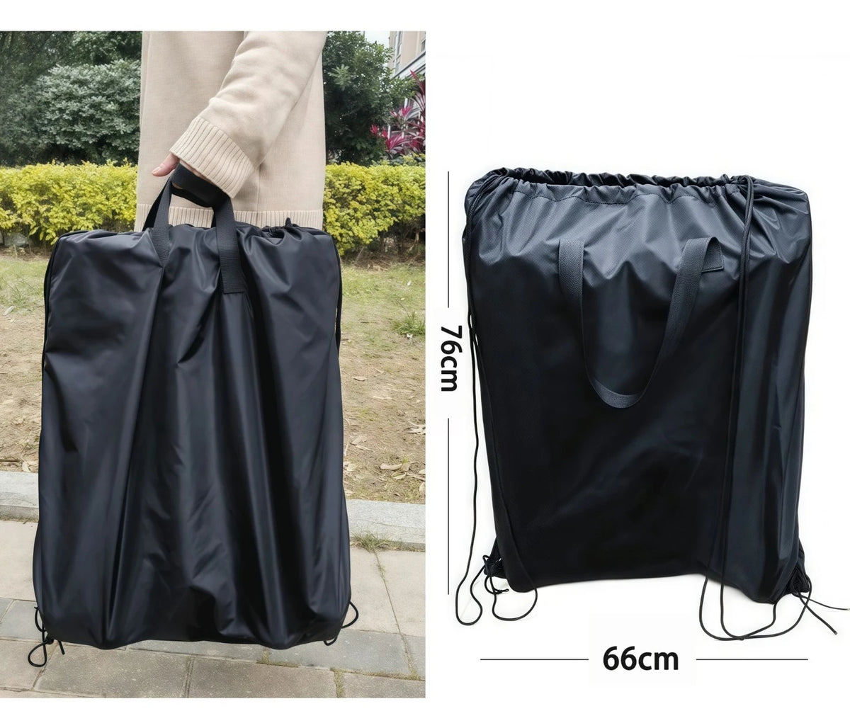 Stroller Gate Check Bag in Black Oxford Cloth with Drawstring Closure and Carry Handles, Foldable Travel Storage Cover for Compact Strollers