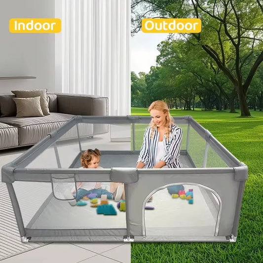 Large Baby Activity Playpen by IMBABY, Light Gray Mesh Play Yard with 150 x 180 cm and 180 x 200 cm Options for Supervised Floor Play