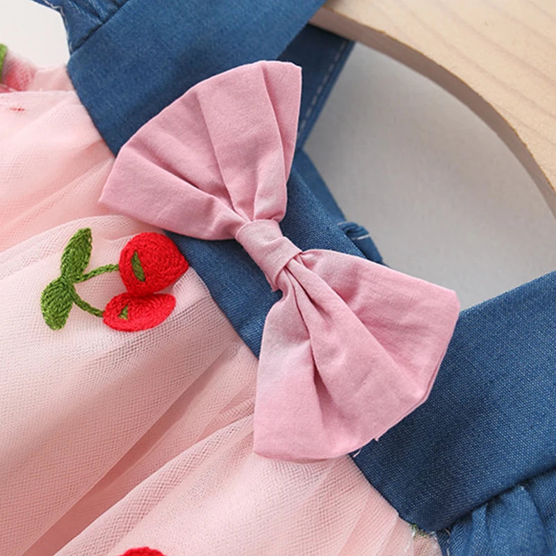 Baby Girl Cherry Dress, Pink or White Layered Skirt with Blue Ruffle Shoulder Straps and Front Bow for Summer Parties and Birthday Photos