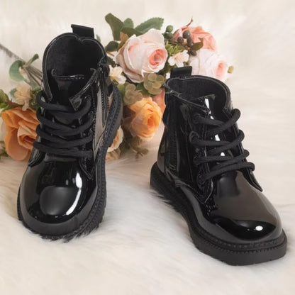 Kids PU Leather Combat Ankle Boots with Lace-Up Front, Side Zipper and Black Chunky Soles, Boys and Girls Fall Winter Shoes in Sizes 21-30